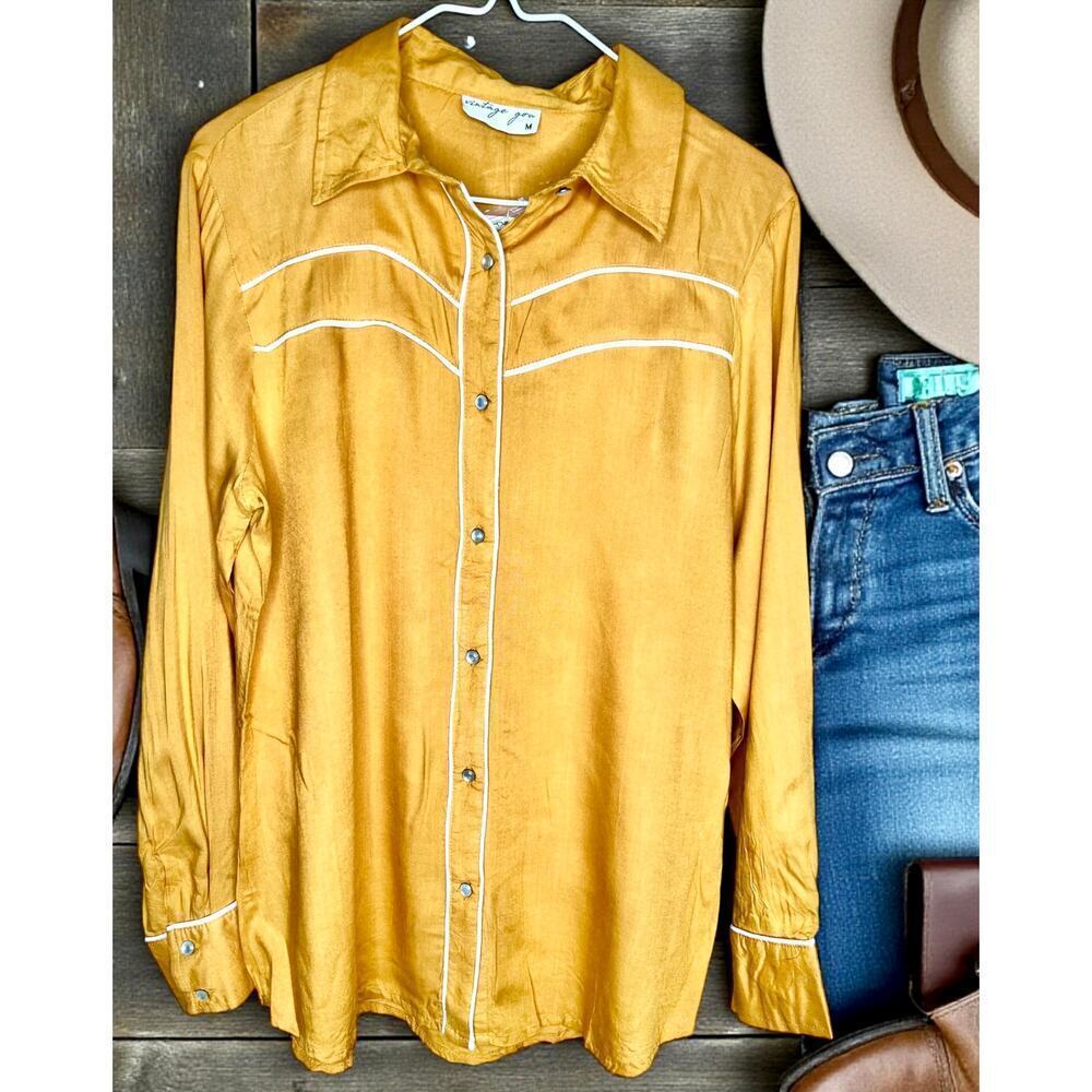 Vintage Goa Mustard Western Piped Button Down Shirt Cowgirl Boho M NWT